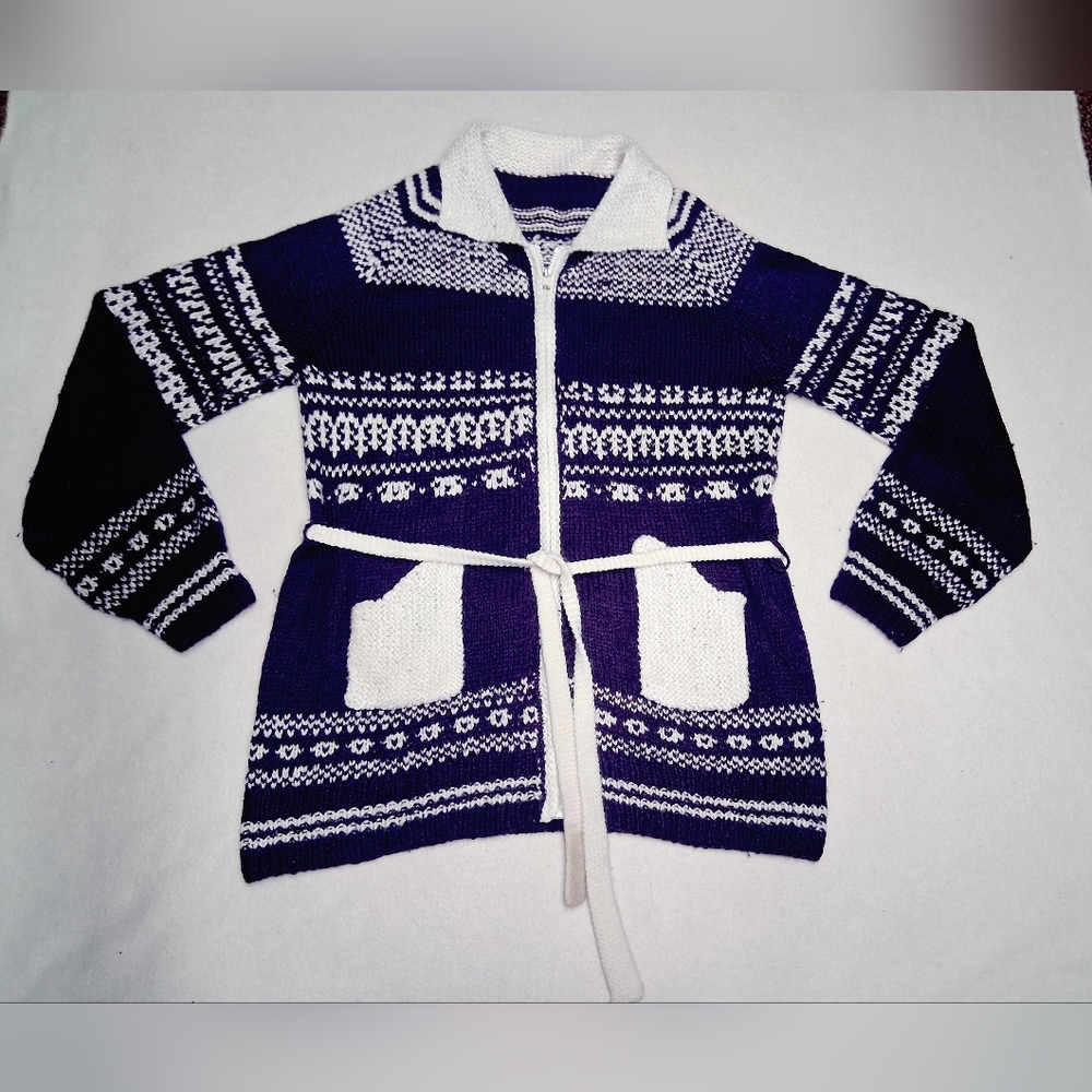 Vintage Women's Purple/blue and White Patterned Sweater Zip Up